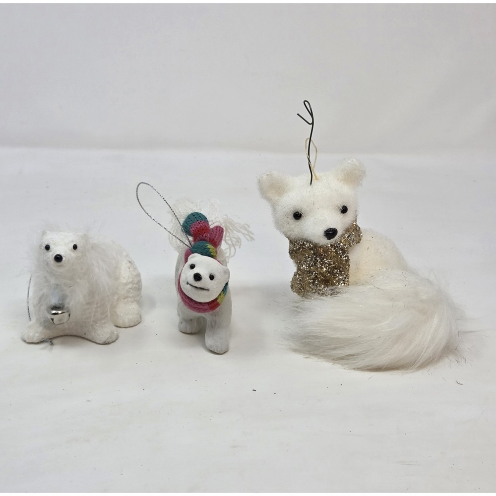 Flocked Glitter Christmas Ornaments Lot of 3 Polar Bear Fox Fur Tail Winter
